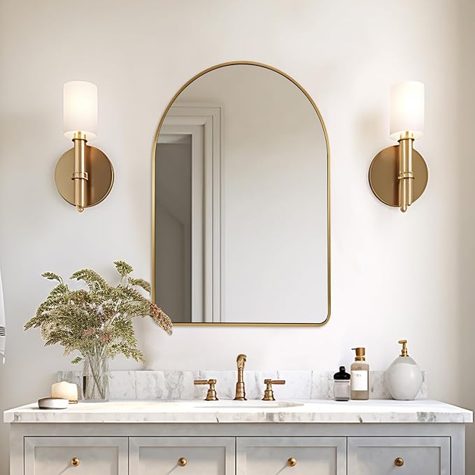 ANDY STAR Brass Mirror Bathroom, 24x36’’ Gold Arched Mirror, Arched Bathroom Mirror, Gold Bathroom Mirror Metal Framed, SUS304-Anti-Rust, Tube Frame, 1’’ Deep Set Wall Mounted Vertical