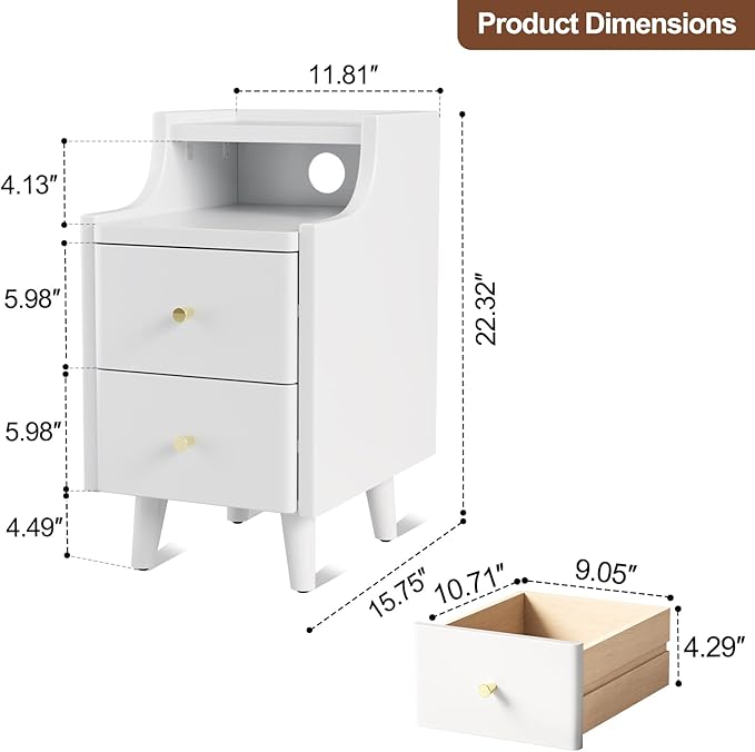 Narrow Nightstand with 2 Drawers,White Nightstand,Bedside Table,Solid Wood Modern Bedside Table for Bedroom,Study,Toilet