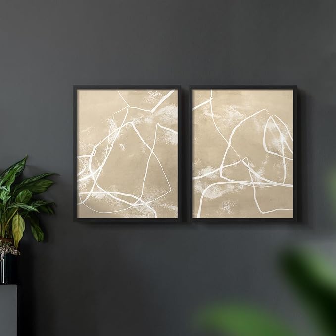 Renditions Gallery Set of 2 Peel & Stick Framed Prints, Neutral Abstract Wall Art, Beige Line Art Pattern Wall Decor, Re-Stickable - Ready to Hang - 22"x28" - Black Frame LT588