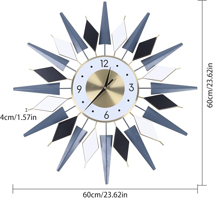 23.6 Inch Modern Large Decorative Wall Clock Silent Non Ticking, Battery Operated Sun Wall Clock, Retro Star VWall Clock Mid Century Home Decor