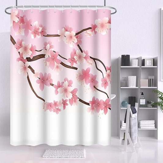 Cherry Blossom Shower Curtain Romance Pink Floral Branches Shower Curtains for Girly Woman Bathroom Accessories Waterproof Polyester Fabric with Hooks, 72 x 84 Inch