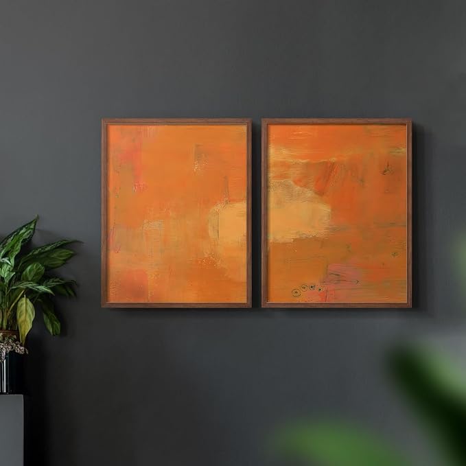 Renditions Gallery Set of 2 Peel & Stick Framed Prints, Abstract Wall Art, Rustic Fain Marking with Brush Strokes Wall Decor, Re-Stickable - Ready to Hang - 16"x20" - Walnut Frame LT588
