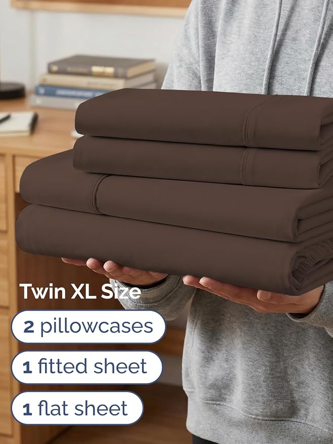 Extra Deep Twin XL Sheet Set - 4 Piece College Dorm Bed Sheets Set with Extra Deep Pockets - Ultra-Soft, Comfy & Breathable Bedding for Women, Men, Kids & Teens - Wrinkle Free & Fade Resistant - Brown