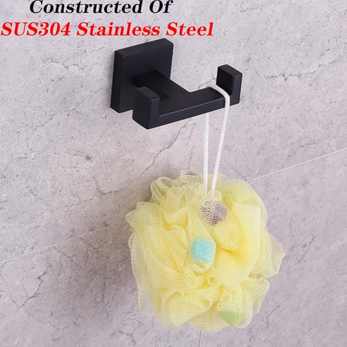 GERZWY Bathroom Matte Black Double Coat Hook SUS 304 Stainless Steel Towel/Robe Clothes Hook for Bath Kitchen Modern Hotel Style Wall Mounted AG1407B-BK