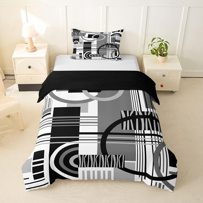 Art Deco Mid Century Duvet Cover Set Retro Modern Abstract Geometric Girl Toddler Bedding Set for Tween Boys Girls Black and White Grey Circles Stripes Comforter Cover Contemporary Bed Sets