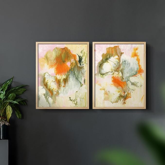 Renditions Gallery Set of 2 Peel & Stick Framed Prints, Modern Abstract Wall Art, Mix Color Oil Paint Design Wall Decor, Re-Stickable - Ready to Hang - 8"x10" - NATURAL WOOD Frame LT588