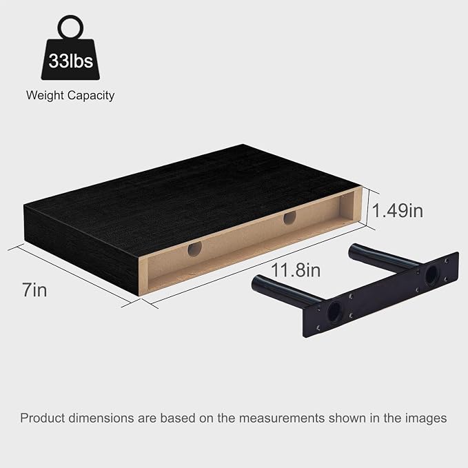 Black Floating Shelves for Wall Set of 2, 11.8 Inch Small Wall Shelves for Bathroom Over Toilet, Home Office & Bedroom Storage, Wall Mounted Display Shelves for Decor, Books & Collectibles