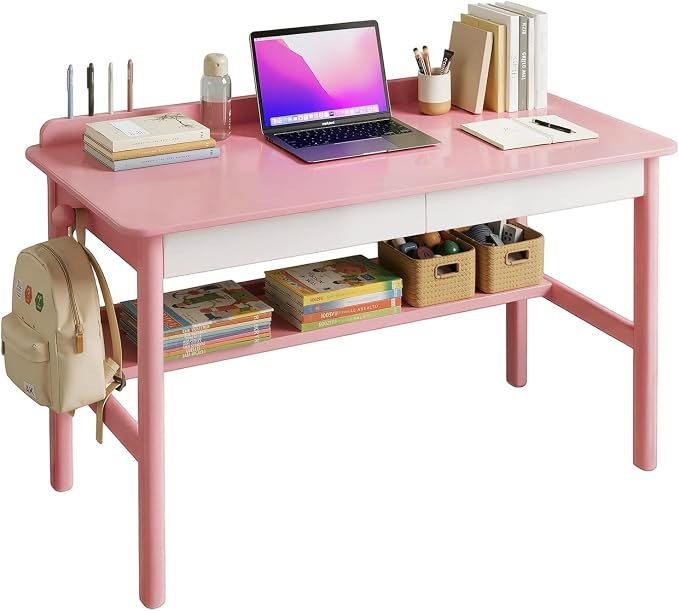 [Brand Name] Solid Wood Study Desk & Home Office Writing Table with Drawers, 47" Vintage Mid Century Modern Computer Desk, Workstation for Bedroom, Small Spaces, Apartment, Pink