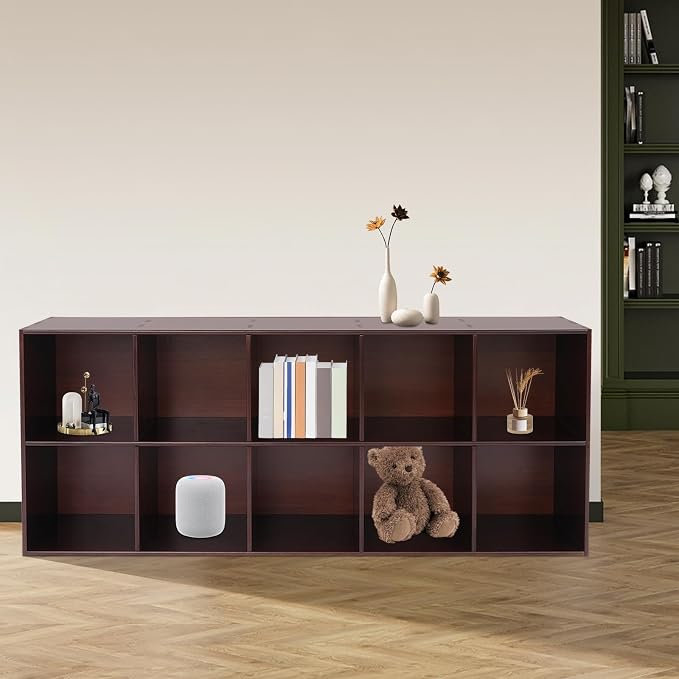 10 Cube Storage Organizer, Solid Wood Bookshelf, Vertical Or Horizontal Bookcase Horizontal Bookshelf, Bookcase for Bedroom, Living Room, Office (Walnut, 10-Cube, 2)