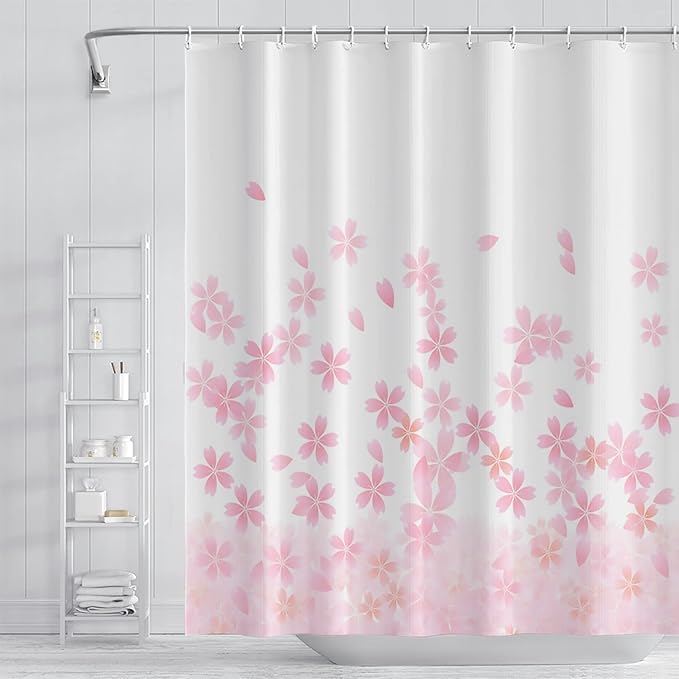 Pink Floral Bathroom Shower Curtain Cherry Blossom Dreamy Flowers Petal Shower with Hooks Polyester Waterproof Fabric Girly Home Decorative Bathtub, 60x72 Inch