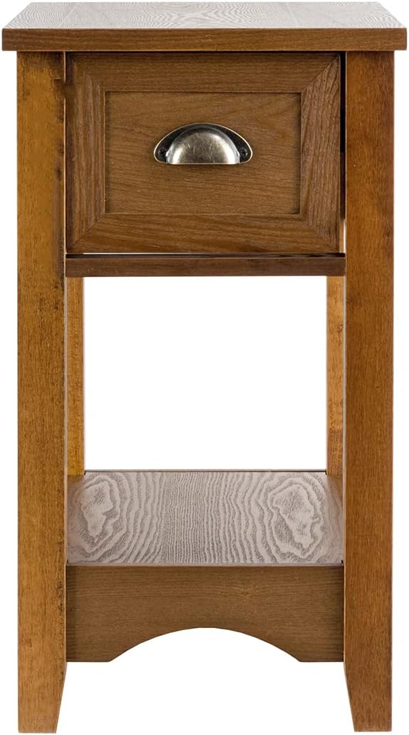 KOTEK End Table with Drawer and Open Shelf, Retro Narrow Side Table Nightstand w/Solid Wood Legs, Slim End Table for Small Space, Living Room, Bedroom, Home Office (Set of 2, Tawny)
