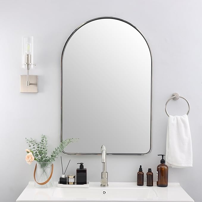 ANDY STAR Chrome Arched Bathroom Mirror, 24x36’’ Arched Wall Mirrors, Chrome Bathroom Vanity Mirror Over Sinks, Bathroom, Entryway in SUS304-Anti-Rust Tube Metal Frame Wall-Mounted Vertical 1’’ Deep
