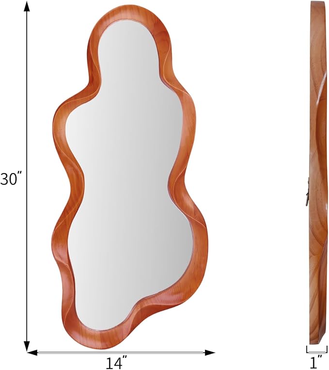 30"x 14" Irregular Wall Mirror, Wooden Walnut Framed Wall Asymmetrical Wavy Wall Mirror for Living Room Bedroom Entryway Bathroom Modern Decorative Mirror with Hanging Hooks