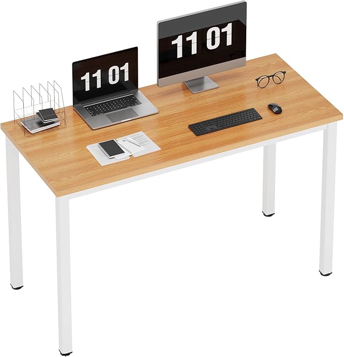 Need Computer Desk, 47 inch Home Office Desk, Modern Simple Style Home Office Gaming Desk, Basic Writing Table for Study Student, White Metal Frame, Teak Tabletop