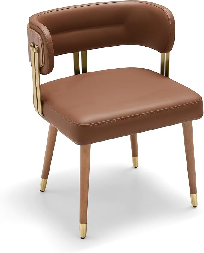 Modern Upholstered Leather Dining Chairs with High-Resilience Foam Cushion, Walnut Wood Veneer&Gold Metal Legs, 22Lx20.5Wx28.3H Inches, Anti-Slip Kitchen Chairs for Dining Room,Tan