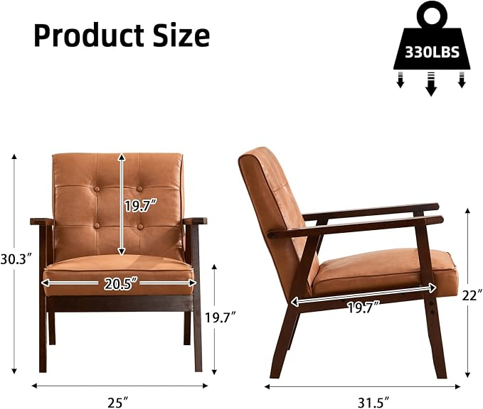 IOMOR Accent Chair Mid Century Modern Chair for Living Room, Comfy Faux Leather Armchair with Solid Wood Frame Soft Thick Padded, Side Chairs Easy Assembly Set of 2, Brown