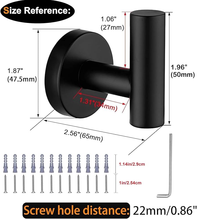 Nolimas Towel Coat Hook Matte Black SUS304 Stainless Steel Bathroom Clothes Cabinet Closet Sponges Robe Hook Wall Mounted Round Kitchen Heavy Duty Door Hanger 6 Packs