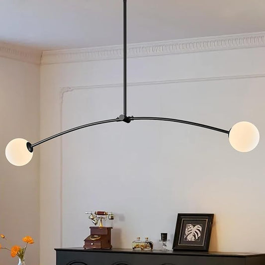 Mid Century Black Sputnik Chandelier Contemporary L45” 2 Lights Milk Glass Globe Ceiling Pendant Lighting Fixture for Kitchen Island Dining Room Home Office Bar