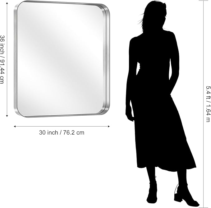 CIRCUMI Silver Bathroom Mirror, 30"x36" Rectangular Mirror with Deep Metal Frame, Rounded Corner, Tempered Glass, Mirror for Wall, Oversink, Bedroom, Installed Vertically/Horizontally, Crystal-Clear