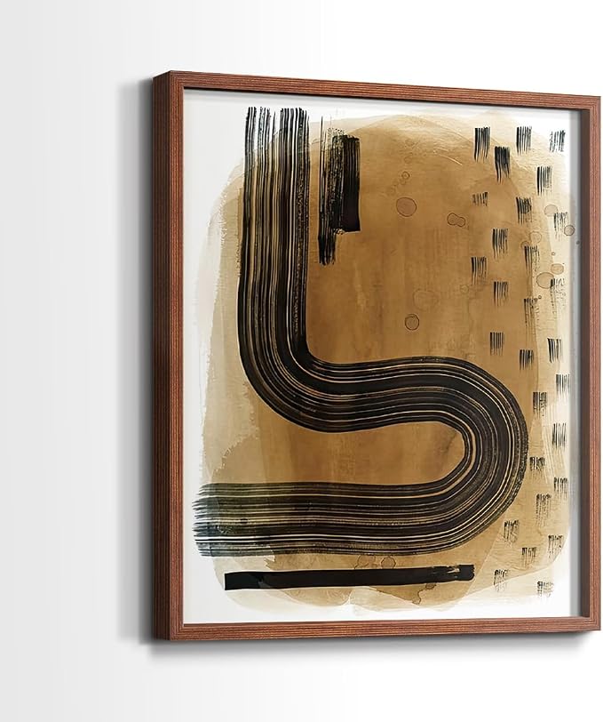 Renditions Gallery Set of 2 Peel & Stick Framed Prints, Abstract Wall Art, Hand Drawn Ink Curves Wall Decor, Re-Stickable - Ready to Hang - 11"x14" - Walnut Frame LT588