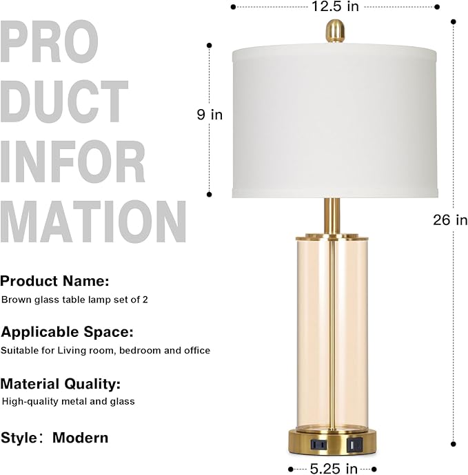 Ruzectt 26" Glass Table Lamp Single, 3-Way Dimmable Touch Control Living Room Lamp with USB C+A Ports & AC Outlet, Modern Bedside Lamps, Bedroom Lamps for Nightstand Side End Table Desk, Brown-1PK