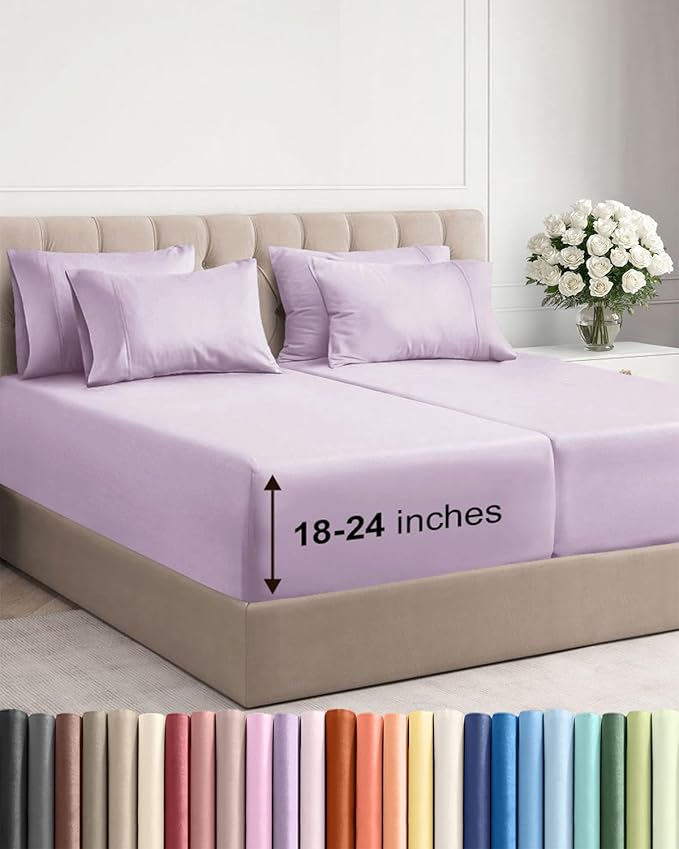Extra Deep Split King Sheet Set - 7 Piece Breathable and Cooling Sheets - Hotel Luxury Bedding for Women, Men, Kids & Teens - Secure Fit - Soft and Wrinkle Free - Extra Deep Pockets - Light Lavender