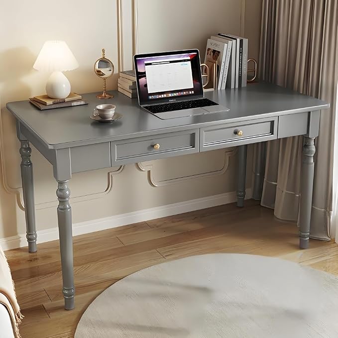 Small Computer Desk with 2 Drawers, Mid Century Modern Writing Desk, Vintage Wooden Vanity Table, Simple Study Work Table for Living Room, Bedroom, Office(Gray,100cm/39.4in)