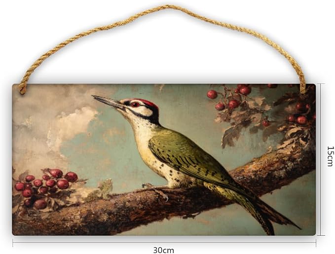 Retro Woodpecker on Berry branches Wooden Sign 12x6 Inch, Nature Art for Country-Inspired Homes, Living Room Highlight, Great Gift for Bird Collector Fans & Nature Enthusiasts
