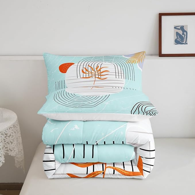 Erosebridal Modern Blue Comforter Set Twin Mid Century Bedding Set, Abstract Artwork Bedding Comforter Sets Black Geometric Lines Duvet, White Aesthetic Circle Quilted Comforter All-Season 2pcs