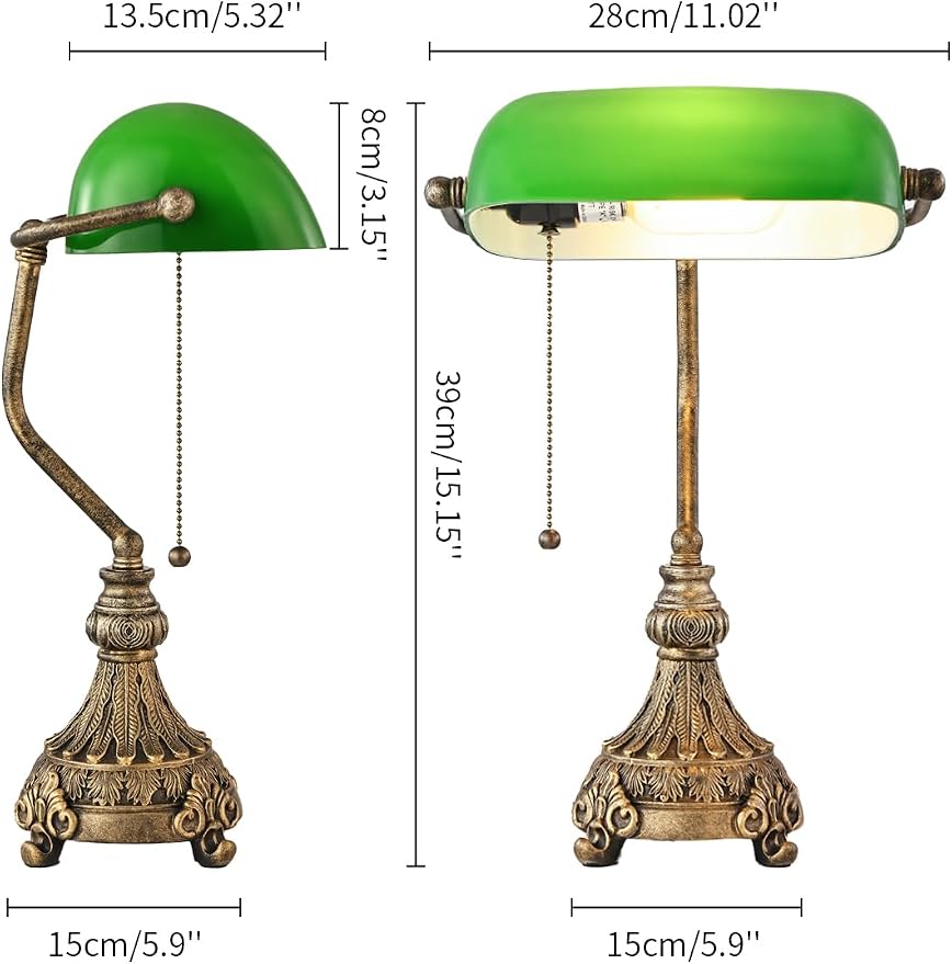 Vintage Green Glass Bankers Desk Lamp for Home Office,Library with Pull Chain Switch Plug in Fixture, LED Bulb Included