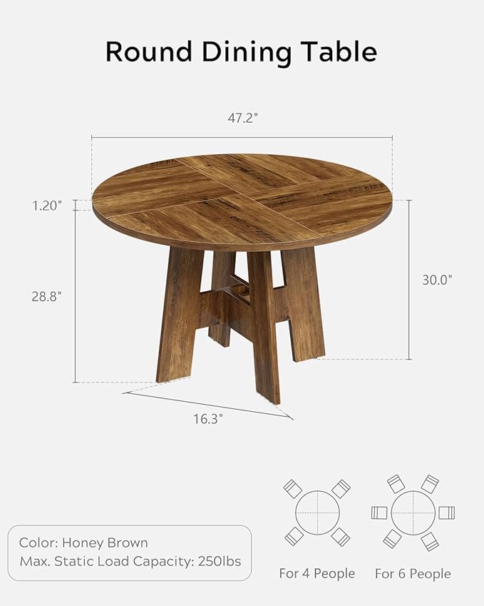 Round Dining Table for 4-6 People, 47” Farmhouse Kitchen Table with Sturdy Legs, Rustic Wooden Circle Dinner Table for Dining Room, Living Room, Honey Brown(Table Only)