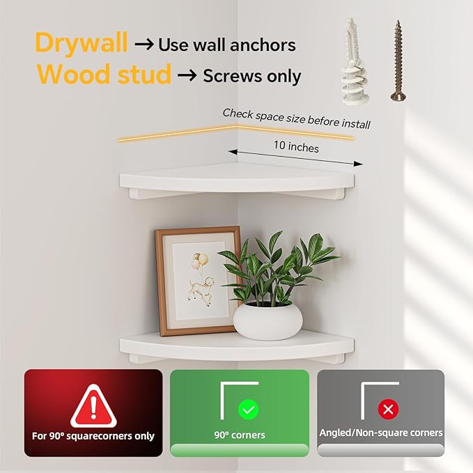 Floating Corner Shelves White 10", Solid Oak Wall Mounted Wooden Display Storage Rack with Wire Hole for Plants, Photos, Speakers, Bedroom, Kitchen, Living Room Décor - 1-Pack