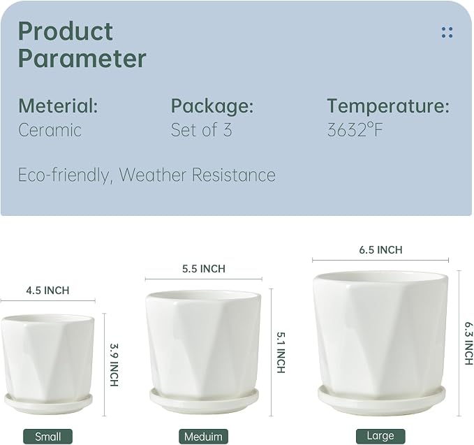 White Ceramic Planter, Plant Pots Indoor with Drainage, 6.5+5.5+4.5 Inch Octagon Modern Decor Flower Pots for Succulents and Cactus, Perfect for Desk, Window Sill, Living Room