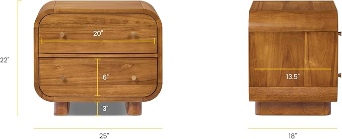 Poly & BARK Oslo 22” Nightstand – Mid-Century Modern Bedside Table with Soft-Close Drawers, Solid and Veneered Acacia Wood Construction, Brass Handles, Light Brown Finish