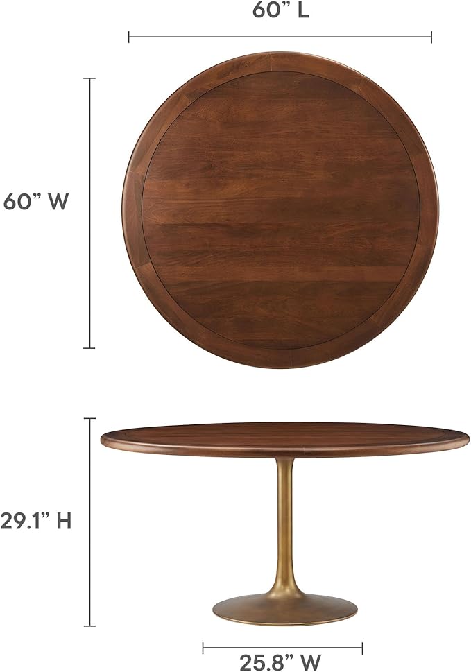 Modway Lippa 60 Inch Round Wood Dining Table with Metal Pedestal in Brass Walnut - Modern Industrial Dining Table for 6 People - Solid Wood Tulip Kitchen Table