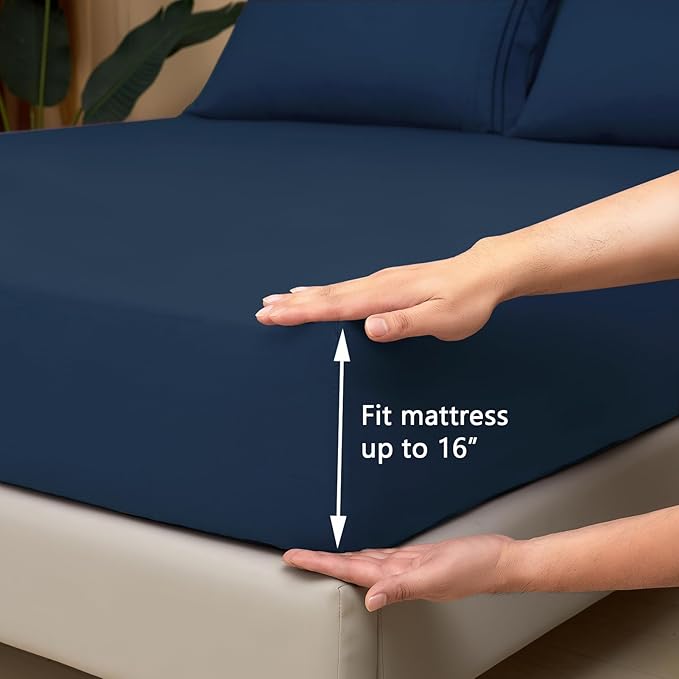 Mejoroom King Size Bed Sheet Set - Hotel Luxury 1800 Bedding Sheets & Pillowcases - 16" Deep Pocket Fitted Sheet, Soft, Breathable, Wrinkle & Fade Resistant - 4 Piece(King,Navy)