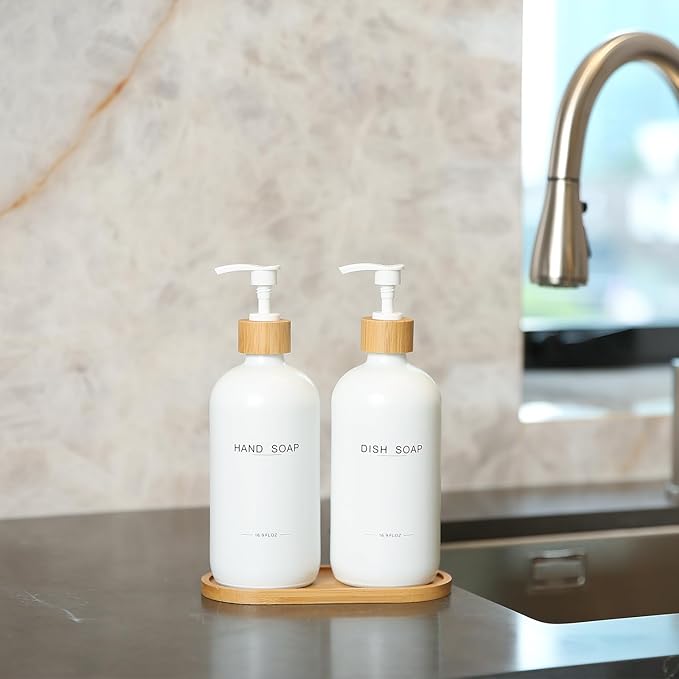 Kitchen Soap Dispenser Set, Hand and Dish Soap Dispenser for Kitchen Sink (White)