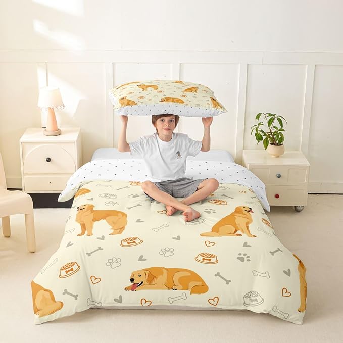 Erosebridal Cute Golden Retriever Toddler Bedding Set Lovely Dog Duvet Cover Pet Dog Lover Comforter Cover for Kids Girls Boys Adults Paw Print Aesthetic Bed Set