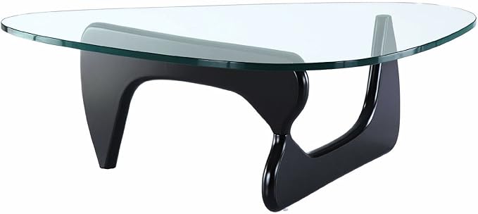 EMODERN FURNITURE - Mid-Century Modern Style Coffee Table Glass Top Hardwood Base (Black)