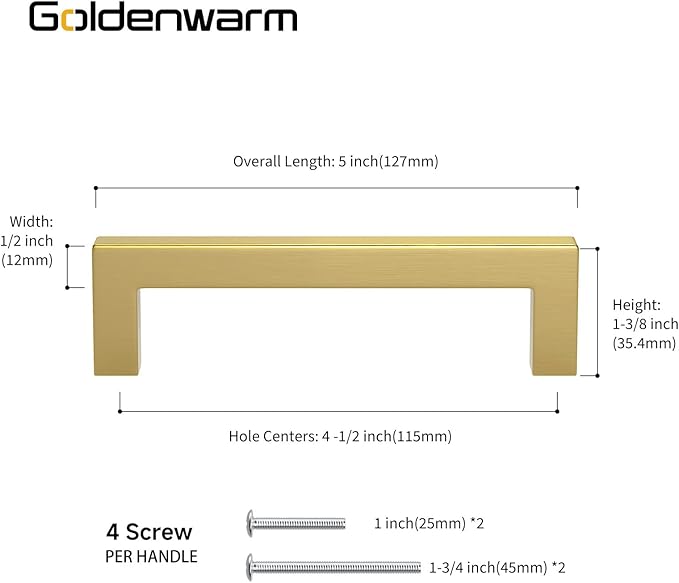 goldenwarm 50 Pack Brass Kitchen Cabinet Handles Gold Cabinet Drawer Pulls - LSJ12GD115 Square Kitchen Bathroom Cabinet Door Handles 5 in Overall Length Closet Door Pulls