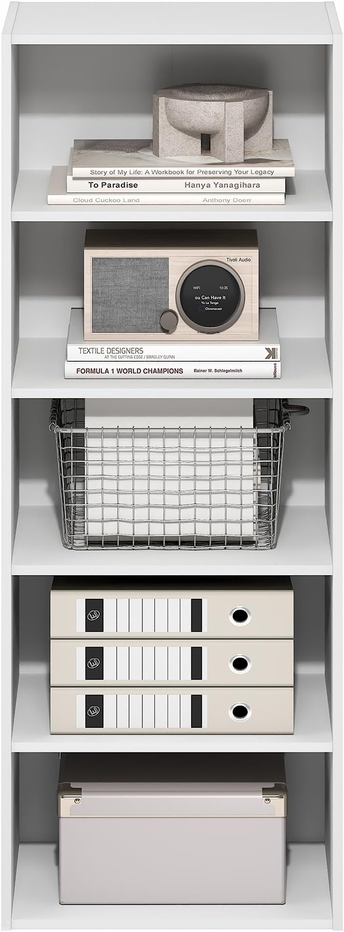 Furinno Basic Book Shelf, 5-Tier Bookshelf, Storage Organizer Bookcase with Open Shelf, 11 x 17 x 44, for Living Room, Bedroom, Home Office, White