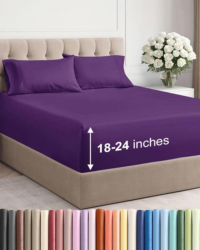 Extra Deep Twin Sheet Set - 4 Piece Breathable and Cooling Sheets - Hotel Luxury Bedding for Women, Men, Kids & Teens - Easy & Secure Fit - Soft, Wrinkle Free and Comfy - Extra Deep Pockets - Purple