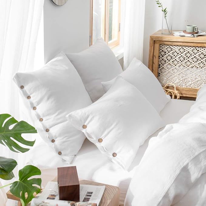 Simple&Opulence 100% Linen Euro Shams with Coconut Button (26'' x 26'') - Pack of 2 - Washed Solid Color Natural Flax Soft Breathable - White