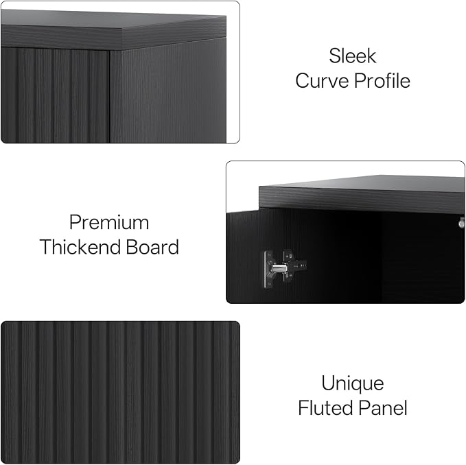 31” Sideboard Cabinet with Storage, Fluted Accent Cabinet with Adjustable Shelves, Modern Wood Credenza Cabinets with Pop-up Doors for Entryway Kitchen Living Room Hallway, Black 3pcs