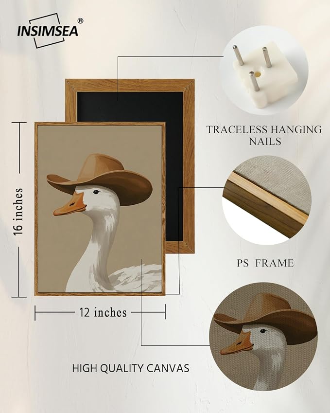 InSimSea Vintage Framed Wall Art, Cowboy Duck Canvas Print, Humorous Fun Art, Animal Oil Painting Wall Decor for Bathroom Bedroom Kitchen 12x16in