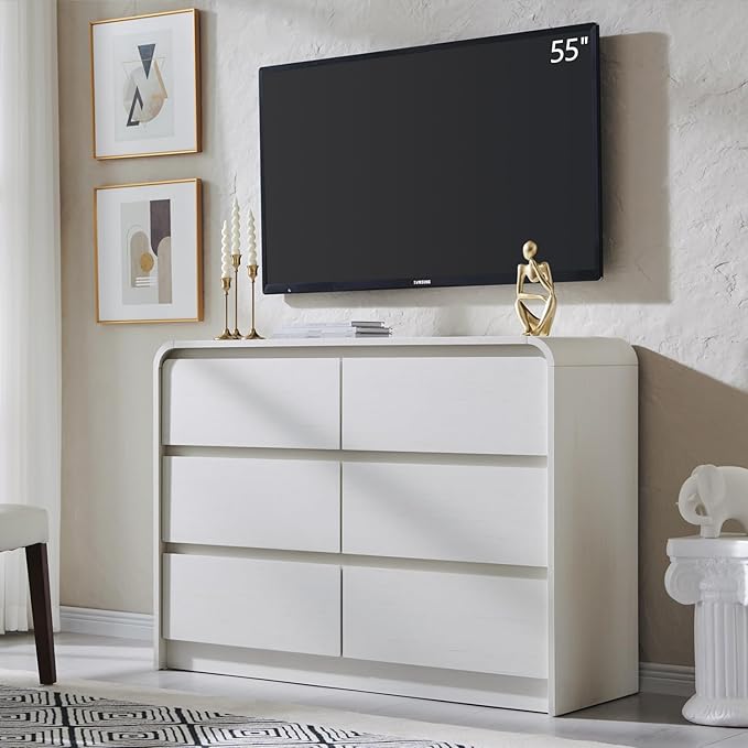 Modern 6 Drawers Dresser for Bedroom, 47" Wide Wood Dressers & Chests of Drawers with Curved Profile Design, Mid Century Modern Dresser for Closet for Bedroom, Living Room, Antique White