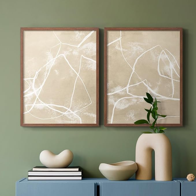 Renditions Gallery Set of 2 Peel & Stick Framed Prints, Neutral Abstract Wall Art, Beige Line Art Pattern Wall Decor, Re-Stickable - Ready to Hang - 11"x14" - Walnut Frame LT588