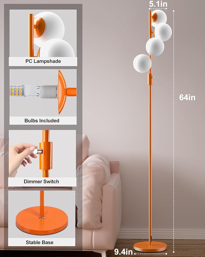 Lightdot 64IN Dimmable Globe Floor Lamp, Orange Pole Standing Lamps with 4PCS 3000K Bulbs Included Soft Warm White Eye Care, Mid Century Modern Floor Lamp for Living Room/Sofa Beside/Corner Decor