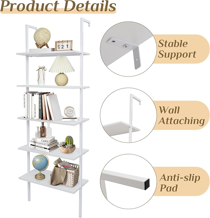 Karl home Ladder Shelf 5 Tier Wall Mounted Bookcase with Metal Frame, Open Design Shelves for Living Room, Bedroom, Home, Office, White (23.62" L x 11.81" W x 70.87" H)