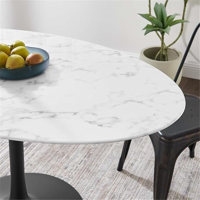 Modway Lippa 54" Oval-Shaped Mid-Century Modern Dining Table with Artificial Marble Top and Black Base